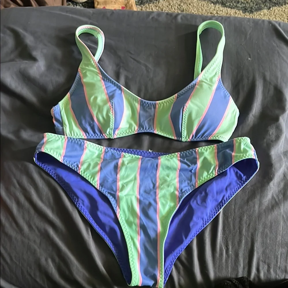 Fabletics Striped Bikini Set in Blue and Green- reversible - Picture 1 of 3